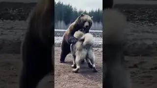 Caucasian Shepherd and  brown bear face off. ##bear##caucasianshepherd##workingdog##guarddog##wildli