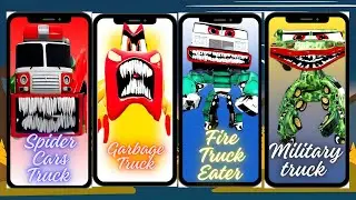 Spider Cars Truck vs Garbage Truck vs Fire Truck Eater vs Military truck TILES HOP