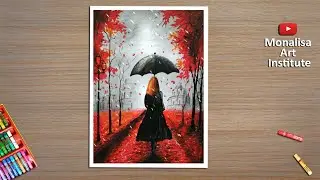 New Rainy Season Scenery Drawing with Oil Pastel  | Girl on Rainy Day Drawing | Girl with Umbrella