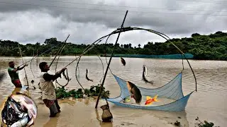 Road got flooded due to yesterday's heavy rain 🌧 || Catch Fish in rainy season in village 🐠🐋🐟