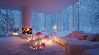Winter Wind and Fireplace Sounds in a Modern White Living Room Overlooking a Snowy Forest Night
