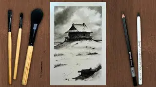 Winter Snow House Drawing | Peaceful Landscape Charcoal Art