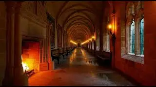 Medieval Corridor with Woodburning Fireplace🌩️🔥Rainy Night by the Fire in Medieval Corridor