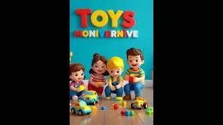 four joyful cartoon children play with vibrant toys on a wooden floor #AIart