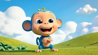 Blue baby monkey is flying a balloon.
