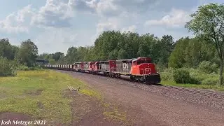CN SBD limestone train w/ CN SD40-2W #5244, IC (CN) SD40-3s #&rsquo;s 6254 and 6255, and CN SD40U #6021