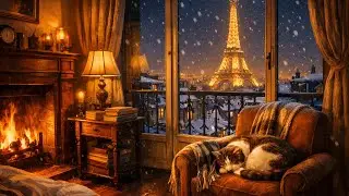 night ambience with fireplace, rain sound for relaxation | 1950s oldies playing in another room