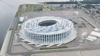 Nizhny Novgorod, Russia - August 8, 2020: Nizhny Novgorod Stadium, Aerial View, Departure of the cam