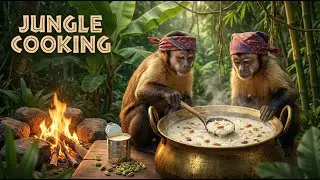 Monkeys Cook Traditional Rice Kheer Together 😮🔥  Jungle Cooking