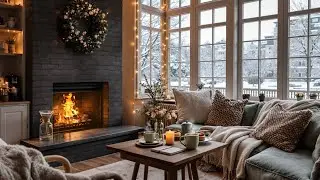 Gentle Snowy Winter Cafe Ambience ❄️☕ Warm Jazz & Fireplace Sounds for Relax & Good Mood