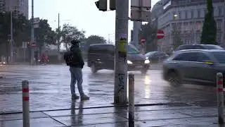 Pedestrian waiting at a crosswalk in the pouring rain | FREE DOWNLOAD #NoCopyright 4k #StockFootage