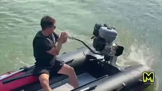 Mud-Skipper Feather Lite R surface drive mud motor - reverse demonstration on site inflatable boat 