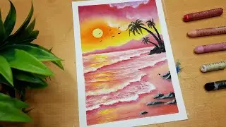 🟣Pink seabeach sunset Scenery drawing with oil pastels | How to Draw with Oil Pastel Step by Step