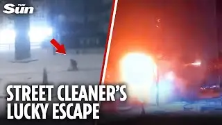 Moment Ukrainian street cleaner carries on working as Shahed drone lands next to him