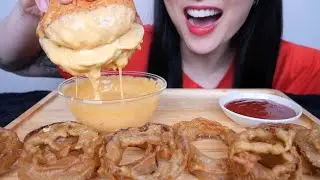 PEPPERONI BURGER + ONION RINGS + CHEESE SAUCE (ASMR EATING SOUNDS) LIGHT WHISPERS | SAS-ASMR