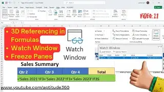 Excel Tutorial video 21 ||  Watch window || 3D formula referencing || Freez panes #exceleducation