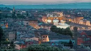Skyline view of Arno River day to night timelapse, Ponte Vecchio from Piazzale Michelangelo at