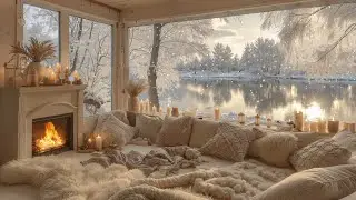 Winter Lake Cabin Ambience ❆ Gentle Piano, Fireplace & Snowfall for Focus
