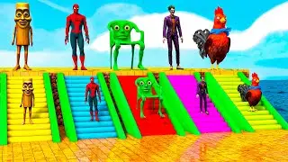 Playing as Spiderman in Long Slide Game with Cow Elephant Gorilla Hippo Tiger. Funny 3d Animal Game
