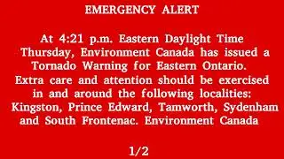 Environment Canada, Alert Ready - Tornado Warning, Across Eastern Ontario