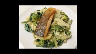 Pan Fried Salmon With Potatoes And Mix Greens In Coconut Sauce
