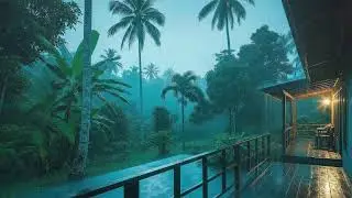 Night Therapy Rain & Thunderstorm in Tropical Cabin for Deep Sleep 🌧️