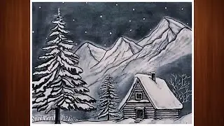 Beautiful Winter Season Drawing|Easy Scenery Drawing For Beginners|Winter Landscape Art Tutorial