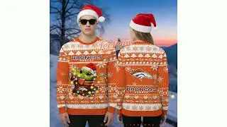 Denver Broncos Baby Yoda Xmas Light Funny Christmas Sweater Orange Adults