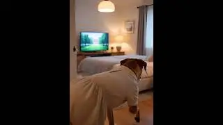 A s making coffee, taking a cup, going to the bedroom, watching TV, wearing a morning dress