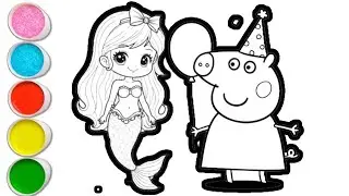 Peppa pig with mermaid drawing and coloring for kids and toddlers || easy peppa pig drawing for kid