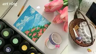Painting with all of my heart💞|art vlog| blue sky + peach flowers ☁️🌷