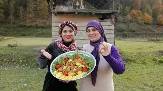 veggie stew on firewood in paddy fields  یتیمچه , خوراک گیاهی بادمجان و سیب زمینی هیزمی در شالیزار