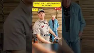 Engine block boring on a small block Chevrolet.