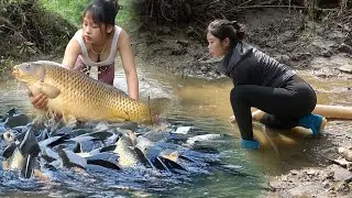 Fishing Video - The Girl's Cleverly Pumping Water Outside The Natural Lake, Catch a Lot Of Big Fish