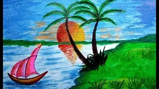 How to draw scenery of Island with water colour for children step by step
