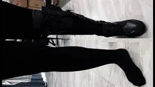 BLACK LEATHER KNEE HIGH BOOTS & BLACK COTTON THIGH HIGH SOCKS 20220907