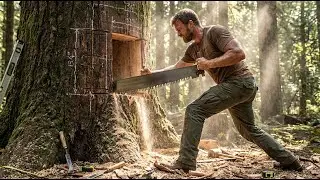 Building a House Inside a Tree Trunk | Primitive Bushcraft Shelter | ASMR Forest Build