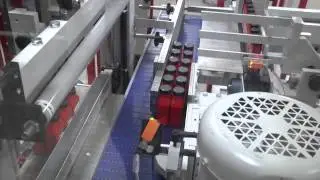 SV251 Side Feed Automatic with servo collator, infeed conveyors wrapping bottles of oil