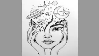 Galaxy Mind Drawing || Aesthetic Girl Face Pencil Sketch with Universe Concept