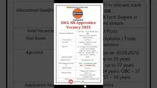 IOCL NR Apprentice Vacancy 2025 | New Apprentice 2025 | dailyJobs updates #shorts