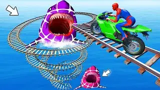 سبايدر مان اصعب دراجة نارية فوق اسماك القرش - Superheroes Ride on Motorcycle Stunt Funny Moments?