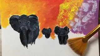 Trunkful Tales: Elephant Family Walking Landscape Painting | Abstract Acrylic painting