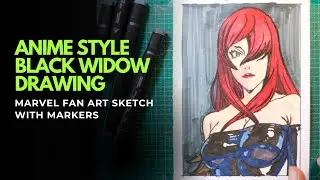 Drawing Black Widow in Anime Style | Marvel Fan Art Sketch with Markers | Drooghood Art
