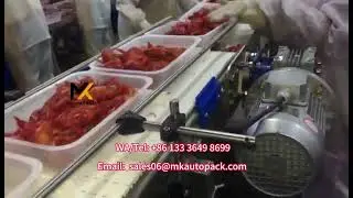 takeout food, crayfish automatic weighing filling into tray machine #takeoutfood #crayfish #filling