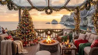 Cozy Christmas Veranda Ambience 🎁 Soft Christmas Music with Crackling Fire & Ocean Waves for Calm