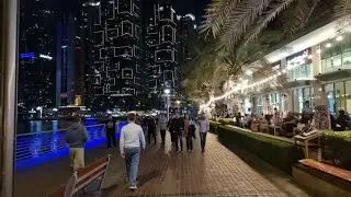 Winter cool night walk along vibrant Dubai Marina Promenade & metro ride to Burj Khalifa Dubai Mall