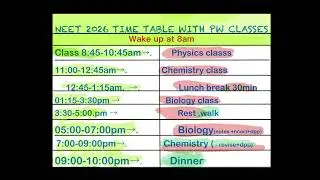 Best time table for neet 2026 with pw classes @PW-Foundation @PW-NEETWallah #yakeentoppers