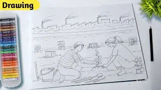 Tree Plantation Scenery Drawing/ How to Draw Tree Plantation/ Save Tree Save Earth Drawing