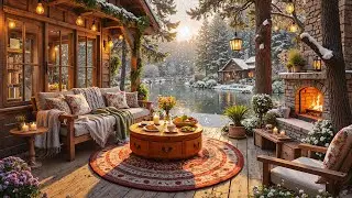 Unwind with Smooth Winter Jazz & Snowfall | Fire Pit Sounds at Cozy Lakeside Porch Ambience