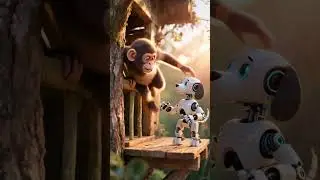 Baby Chimp Tries Outsmarting a Robot Dog in the Treehouse